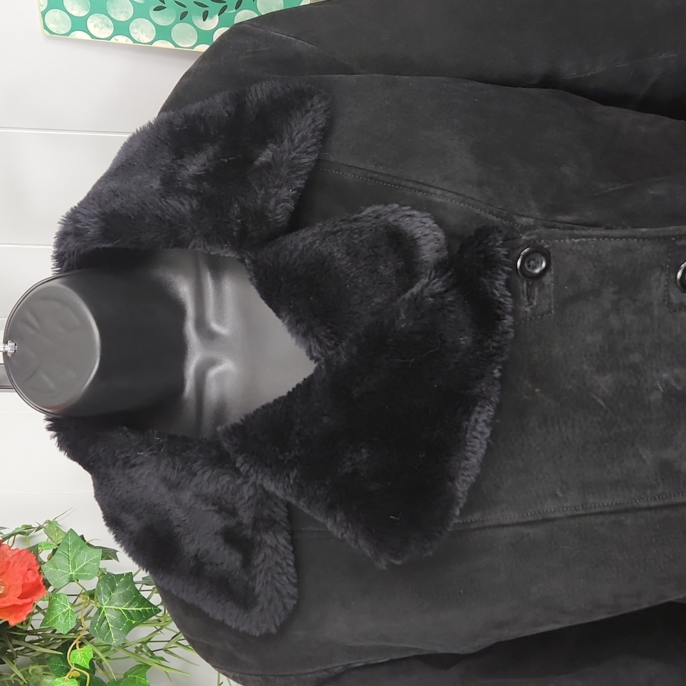 B.B. Dakota Prêt-à-Porter Black Leather Faux Fur Trim Coat - Picture 5 of 12